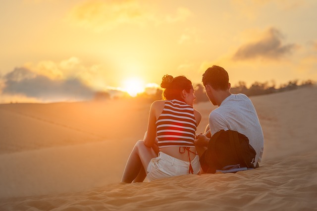 sunset, couple, sand