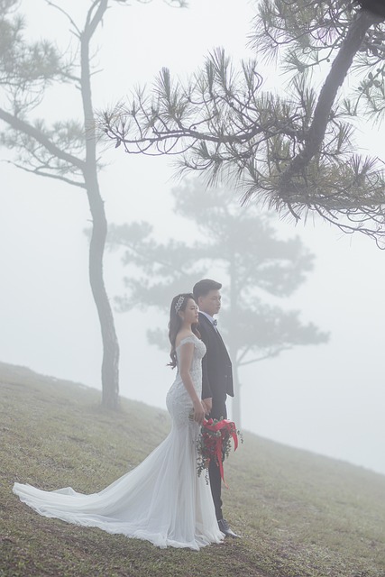couple, wedding, fog