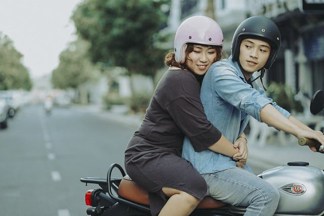 motorcycle, couple, hug