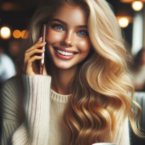 image of a young blonde woman of Scandinavian descent, smiling and talking on the phone with an expression of joy